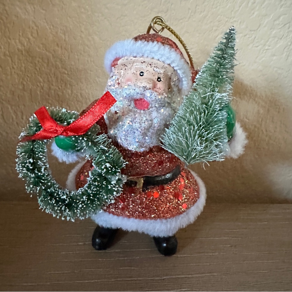 Glittery Santa with Christmas Tree and Holiday Wreath Ornament